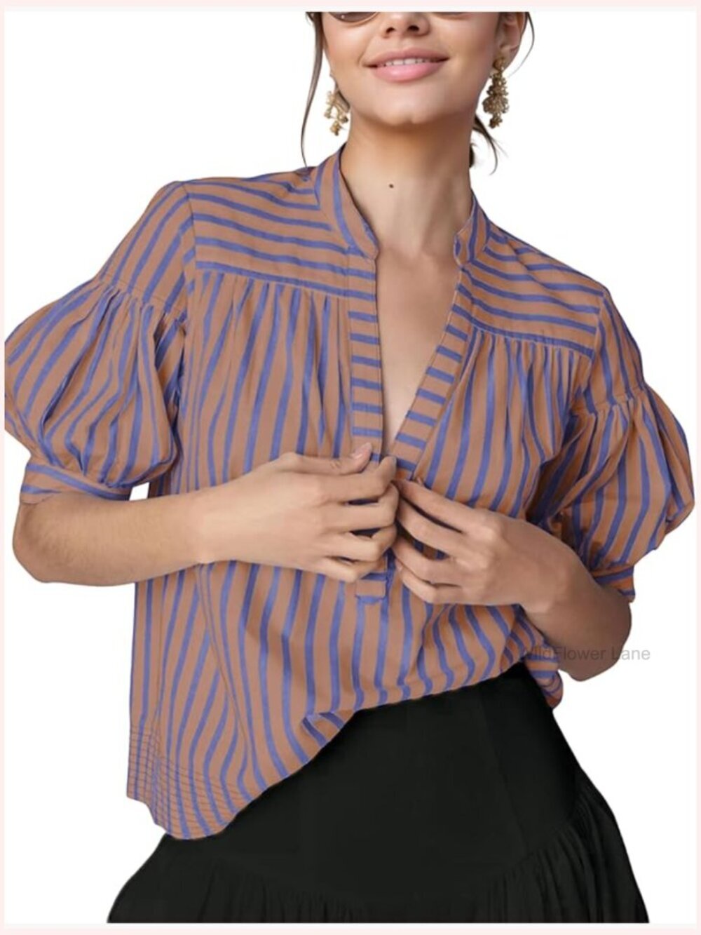 Striped V Neck Short Sleeve Tunic Top Loose Swing Blouse